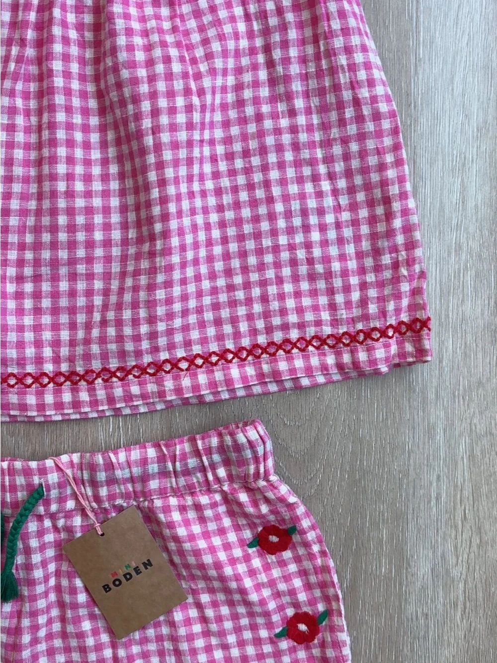 NWT Mini Boden Pink Gingham Smocked Tank & Floral-Embroidered Set Size 11/12